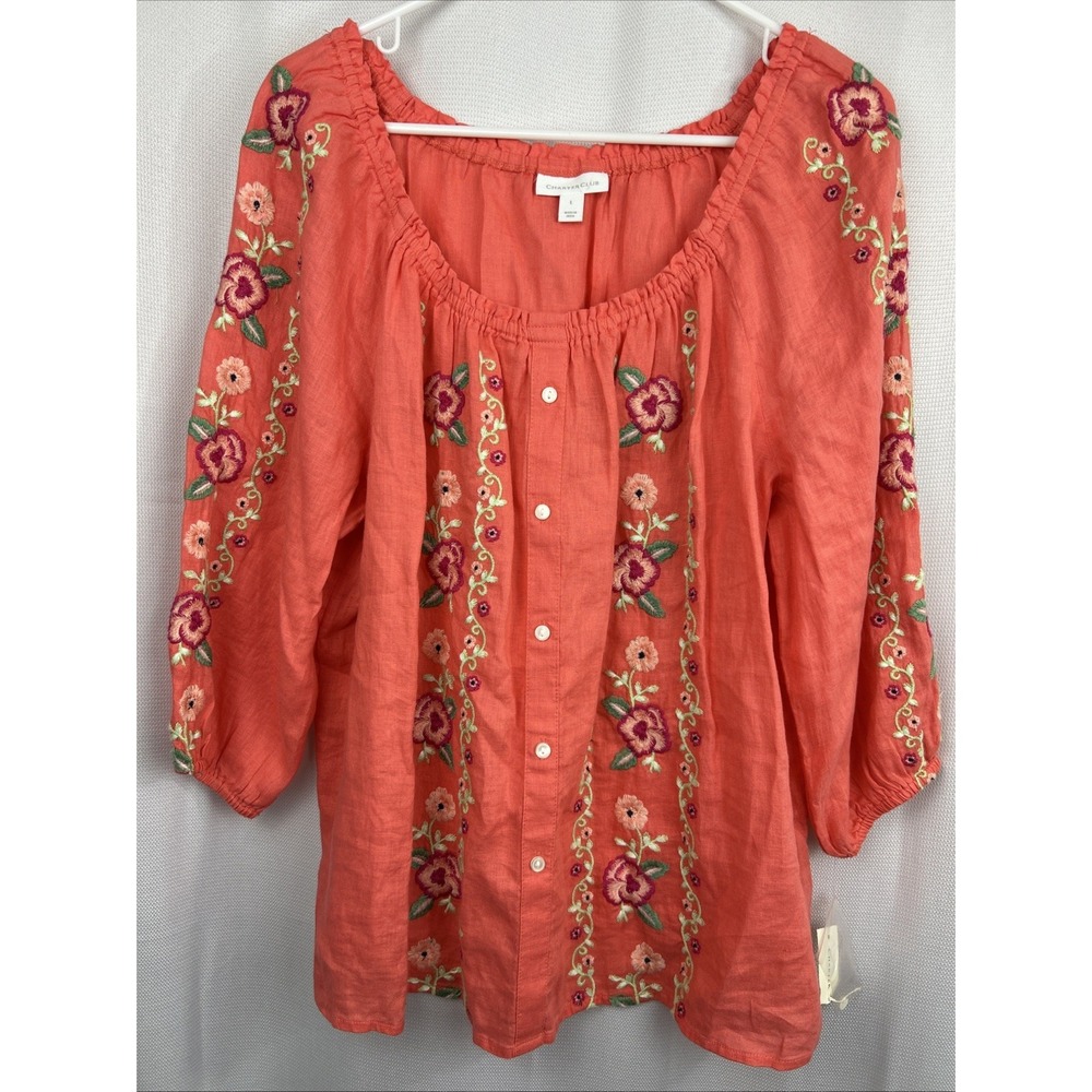 Linen Blouse Coral Pink Floral Embroidered Peasant Boho Top L Charter Club NWT